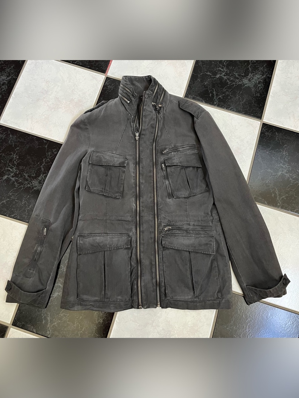NWT 100% AUTH 7 For All Mankind Men's Black Military Field Jacket Sz M
